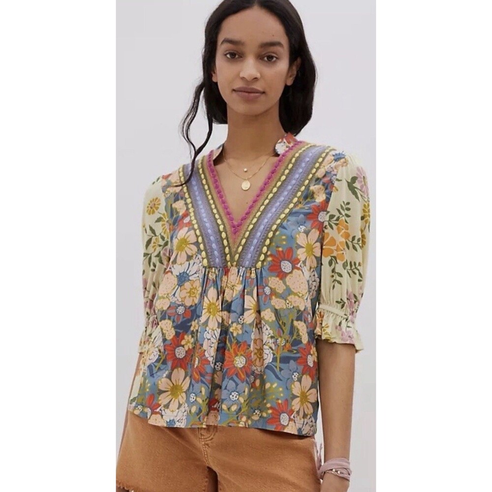 BL-NK LONDON ANTHROPOLOGIE Stephanie Top V-Neck Floral Yellow Multicolor Size XS - Picture 16 of 16
